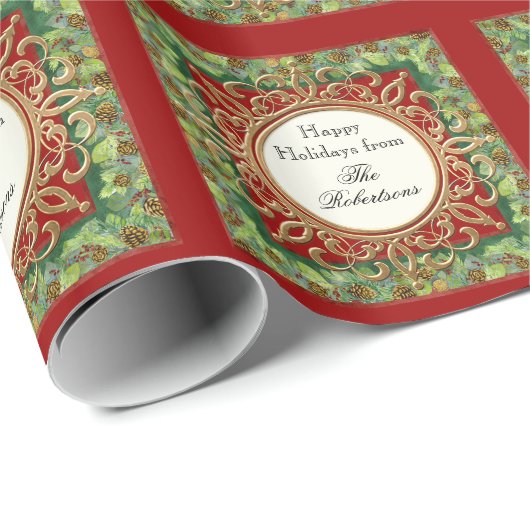 Frohe Weihnachts Gold Swirl Damask Wreath Jewel Geschenkpapier (Rolleneckpunkt)