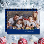 Frohe Weihnachts-Gold Typografie Familienname Folien Feiertagskarte<br><div class="desc">Frohe Weihnachtsangebot Gold Typografie Saisonales Foto Schwarz & Blau Karierte Folie Urlaubskarte.</div>