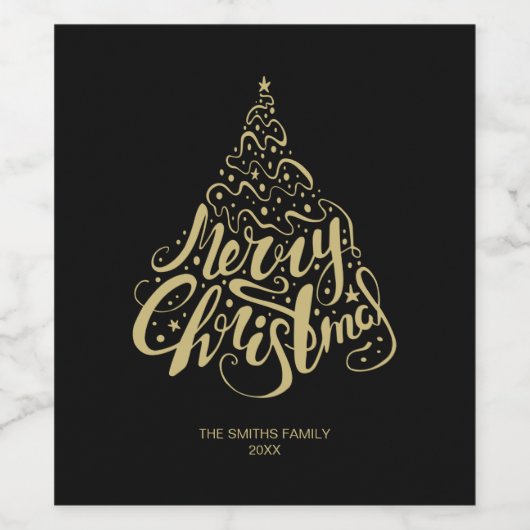 Frohe Weihnachts Gold Typografie Tree Weinetikett (Einzelnes Label)