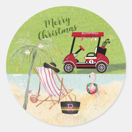 Frohe Weihnachts Golf Cart Beach Monogram Name Runder Aufkleber (Vorderseite)