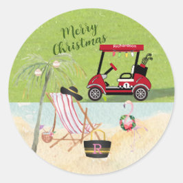 Frohe Weihnachts Golf Cart Beach Monogram Name Runder Aufkleber