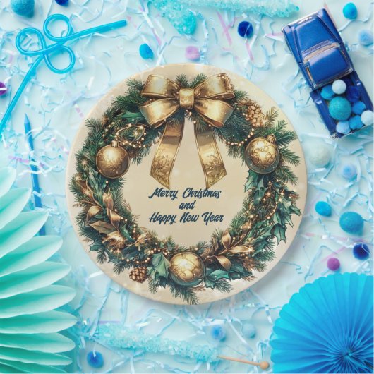 Frohe Weihnachts-Grün-Gold-Kranz Pappteller (Party)