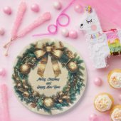 Frohe Weihnachts-Grün-Gold-Kranz Pappteller (Party)