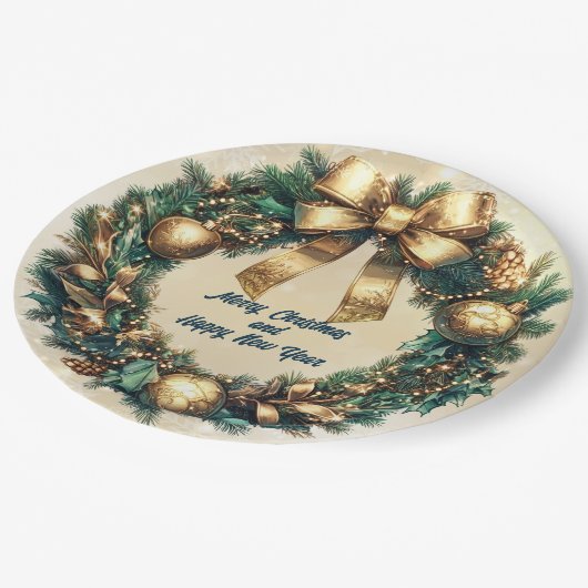 Frohe Weihnachts-Grün-Gold-Kranz Pappteller (Schrägansicht)