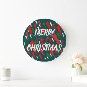 Frohe Weihnachts-Grün-Rot-Text-Design Große Wanduhr (Zuhause)