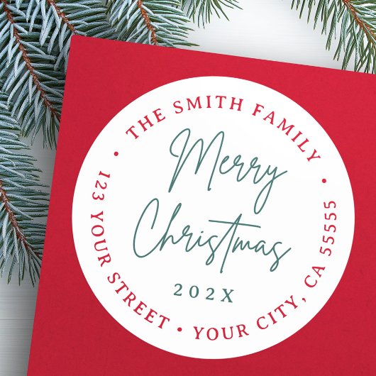 Frohe Weihnachts-Grün-Skript-Rücksendeadresse Runder Aufkleber