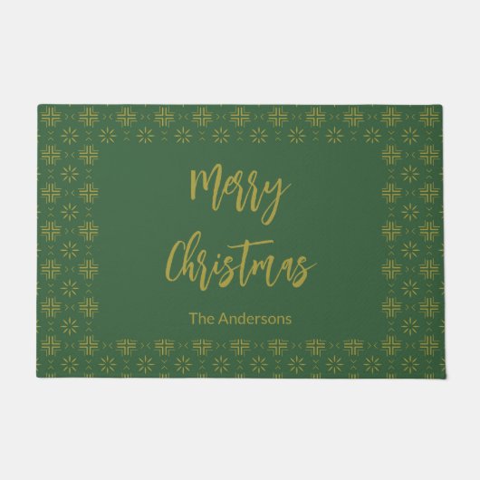 Frohe Weihnachts Grün und Gold Script Name Fußmatte (Vorderseite)