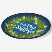 Frohe Weihnachts Grüner Kranz auf Blue 9" Pappteller (Schrägansicht)