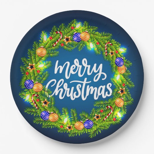 Frohe Weihnachts Grüner Kranz auf Blue 9" Pappteller (Vorderseite)