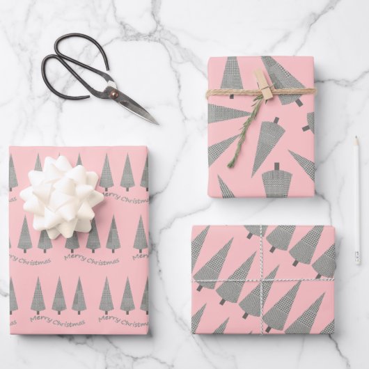 Frohe Weihnachts-Hahnentrittmuster Pink Geschenkpapier Set (Vorderseite)