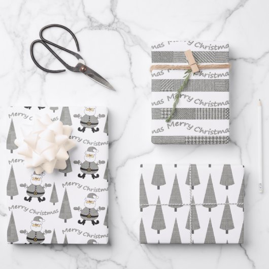 Frohe Weihnachts-Hahnentrittmuster Tree Santa Patt Geschenkpapier Set (Vorderseite)