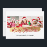 Frohe Weihnachts Hand Schreiben Script 3 Fotokarte Feiertagskarte<br><div class="desc">Frohe Weihnachts Hand Briefe Script drei Fotos Karte. Die 3 Foto und Texte dieses handgeschriebenen Pinselskripts können aktualisiert und mit Ihrem Foto und Familiennamen angepasst werden. Diese Karte zeigt auch den Familiennamen und einen goldenen Folienkranz auf der Rückseite der Weihnachtskarte an.</div>