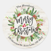 Frohe Weihnachts-Happy Holiday Holly Wreath Adress Runder Aufkleber (Vorderseite)