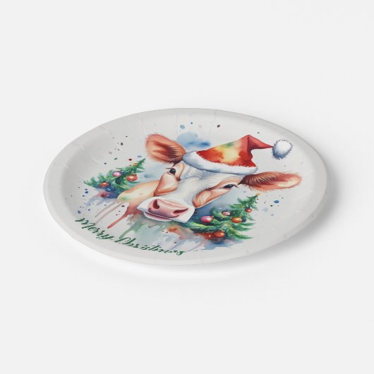 Frohe Weihnachts-Hat-Feierliche Kuh - Pappteller (Schrägansicht)