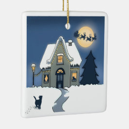 Frohe Weihnachts-Haus mit Katze und Weihnachten Keramikornament