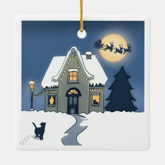 Frohe Weihnachts-Haus mit Katze und Weihnachten Keramikornament (Rückseite)