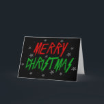 Frohe Weihnachts Heavy Metal Style Card Feiertagskarte<br><div class="desc">Wenn Sie in dieser Ferienzeit Freunden und der Familie ein frohes,  metallisches Weihnachtsfest vermitteln möchten,  schicken Sie diesen Schriftart in Rot und Grün,  umgeben von Pentagrammschneeflocken. Teilen Sie Ihre Liebe für Thrash und den Weihnachtsmann mit.</div>