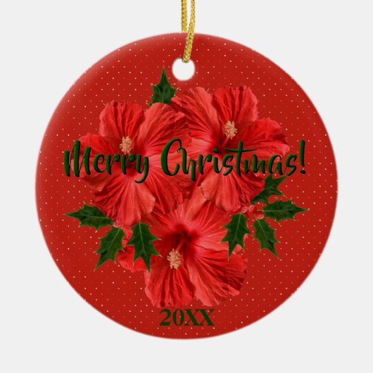 Frohe Weihnachts-Hibiskus Holly Holiday Round Keramik Ornament (Vorne)
