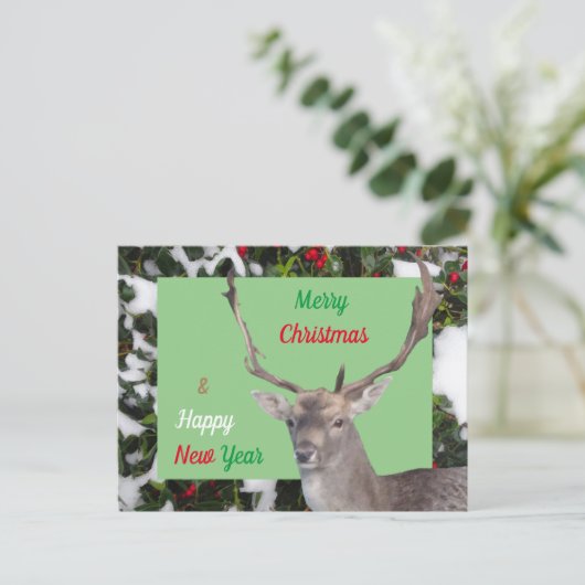Frohe Weihnachts-Hirsch und Holly Postcard Postkarte (Stehend Vorderseite)