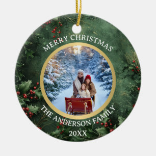 Frohe Weihnachts-Holly und Berries-Keramik Keramik Ornament
