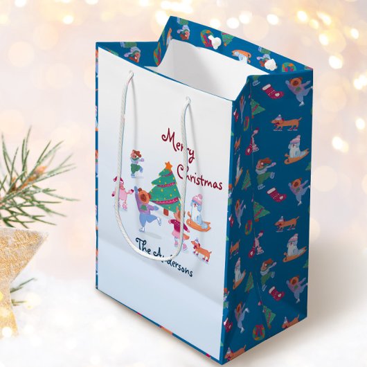 Frohe Weihnachts-Hund Ice Skaten Name Blau Mittlere Geschenktüte