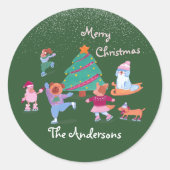 Frohe Weihnachts-Hund Ice Skaten Name Grün Runder Aufkleber (Vorderseite)