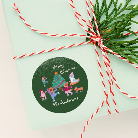 Frohe Weihnachts-Hund Ice Skaten Name Grün Runder Aufkleber
