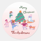 Frohe Weihnachts-Hund Ice Skaten Name Pink Geschen Runder Aufkleber (Vorderseite)