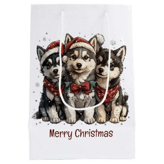 Frohe Weihnachts-Husky-Hunde Mittlere Geschenktüte (Rückseite)