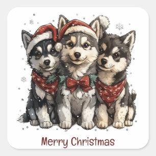 Frohe Weihnachts-Husky-Hunde Quadratischer Aufkleber