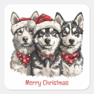 Frohe Weihnachts-Husky-Hunde Quadratischer Aufkleber