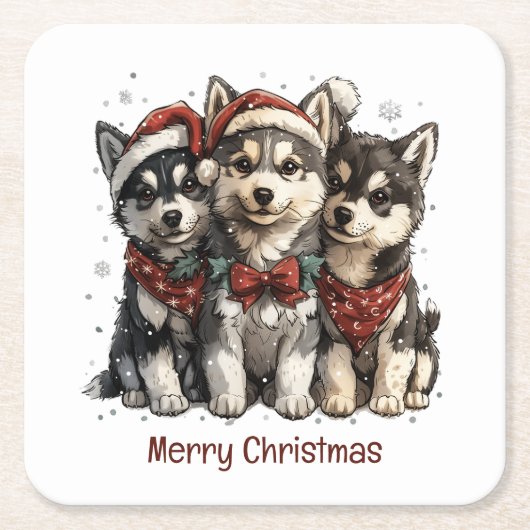 Frohe Weihnachts-Husky-Hunde Rechteckiger Pappuntersetzer (Vorderseite)