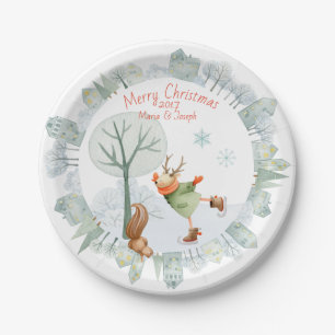 Frohe Weihnachts-Ice Skaten Deer im Winter am Pappteller