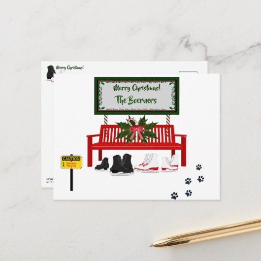 Frohe Weihnachts Ice Skaten Gruß Postkarte (Vorderseite/Rückseite Beispiel)