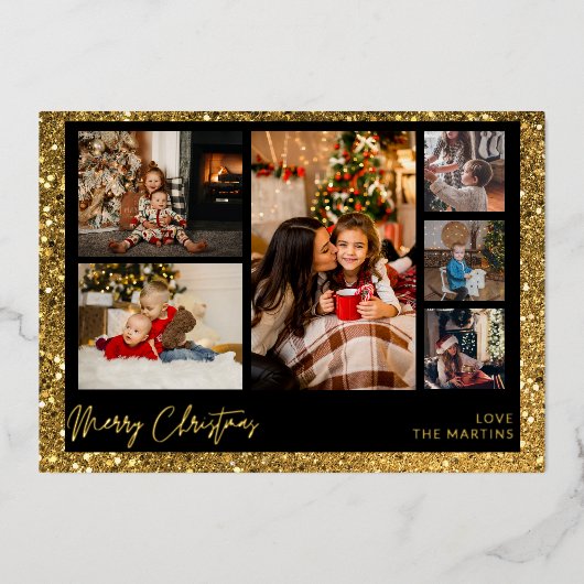 Frohe Weihnachts-Imitate Gold Glitzer Multi Foto Folieneinladung (Vorderseite)