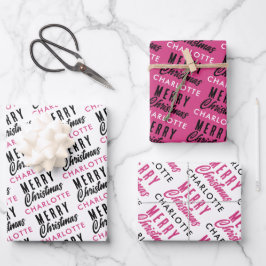 Frohe Weihnachts-Individuelle Name Pink Trendy Geschenkpapier Set