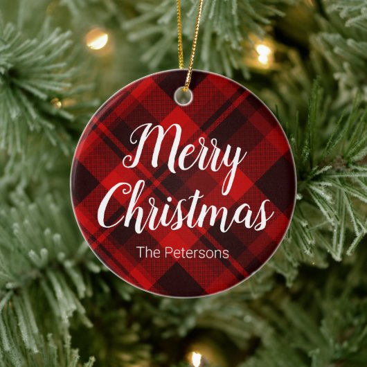 Frohe Weihnachts-Individuelle Name Red Black Karie Keramik Ornament (Baum)