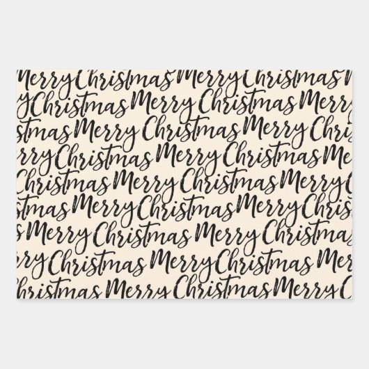 Frohe Weihnachts-Kalligrafie Muster Schwarze Creme Geschenkpapier Set (Vorderseite)