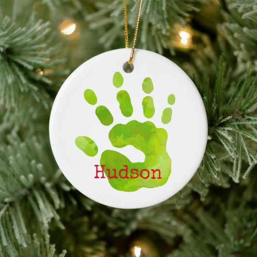 Frohe Weihnachts Kind Handprint Grün NAME Red Fun Keramik Ornament (Baum)