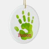 Frohe Weihnachts Kind Handprint Grün NAME Red Fun Keramik Ornament (Rechts)