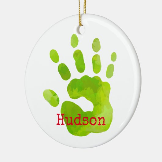 Frohe Weihnachts Kind Handprint Grün NAME Red Fun Keramik Ornament (Links)