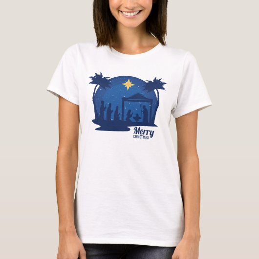 Frohe Weihnachts-Krippe Blue T-Shirt (Vorderseite)