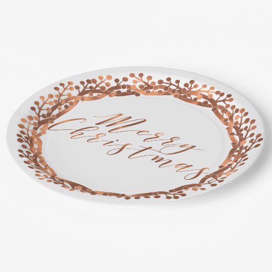 Frohe Weihnachts-Kupfer-Look Beeren Kranz-Design Pappteller (Schrägansicht)