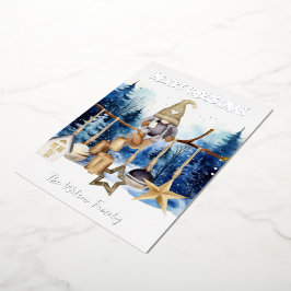 Frohe Weihnachts Lady Gnome auf Blue Forest Folien Feiertagskarte