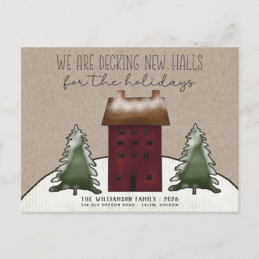 Frohe Weihnachts Land Saltbox Bäume Neue Zuhause Postkarte (Vorderseite)