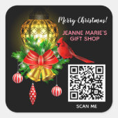Frohe Weihnachts Lantern Kardinal Bird QR Code Quadratischer Aufkleber (Vorderseite)