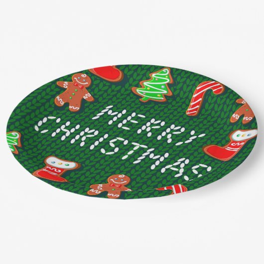 Frohe Weihnachts-Lebkuchen-Ornamente auf Grün Pappteller (Schrägansicht)