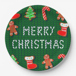 Frohe Weihnachts-Lebkuchen-Ornamente auf Grün Pappteller