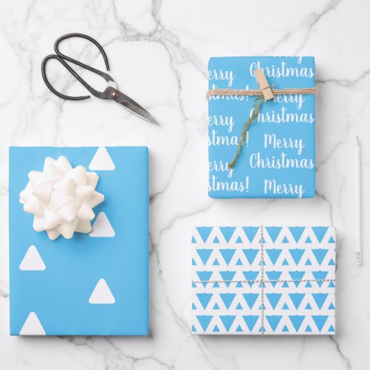 Frohe Weihnachts-Light Blue Triangle Geschenkpapier Set (Vorderseite)