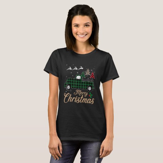 Frohe Weihnachts-LKW Buffalo grün karierter Tree L T-Shirt (Vorne ganz)